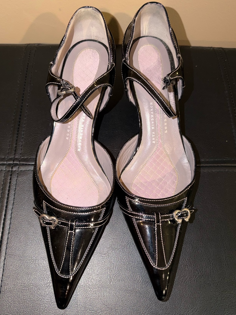 Anya Hindmarch Black Patent Pointed-Toe Mary Jane Heels with Silver Buckles